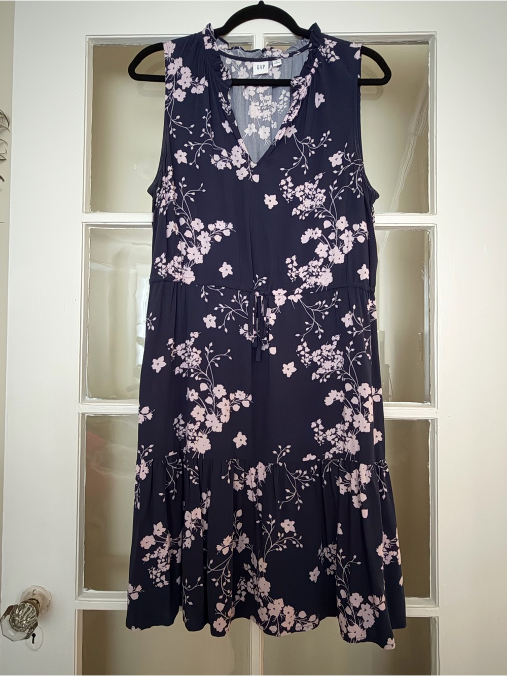 GAP Navy Dress with Light Pink Floral Print, Sleeveless V-Neck